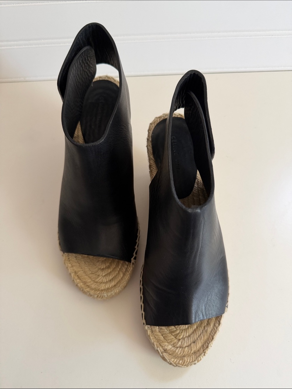Celine Black Leather Espadrille Wedge Sandals, Size 36